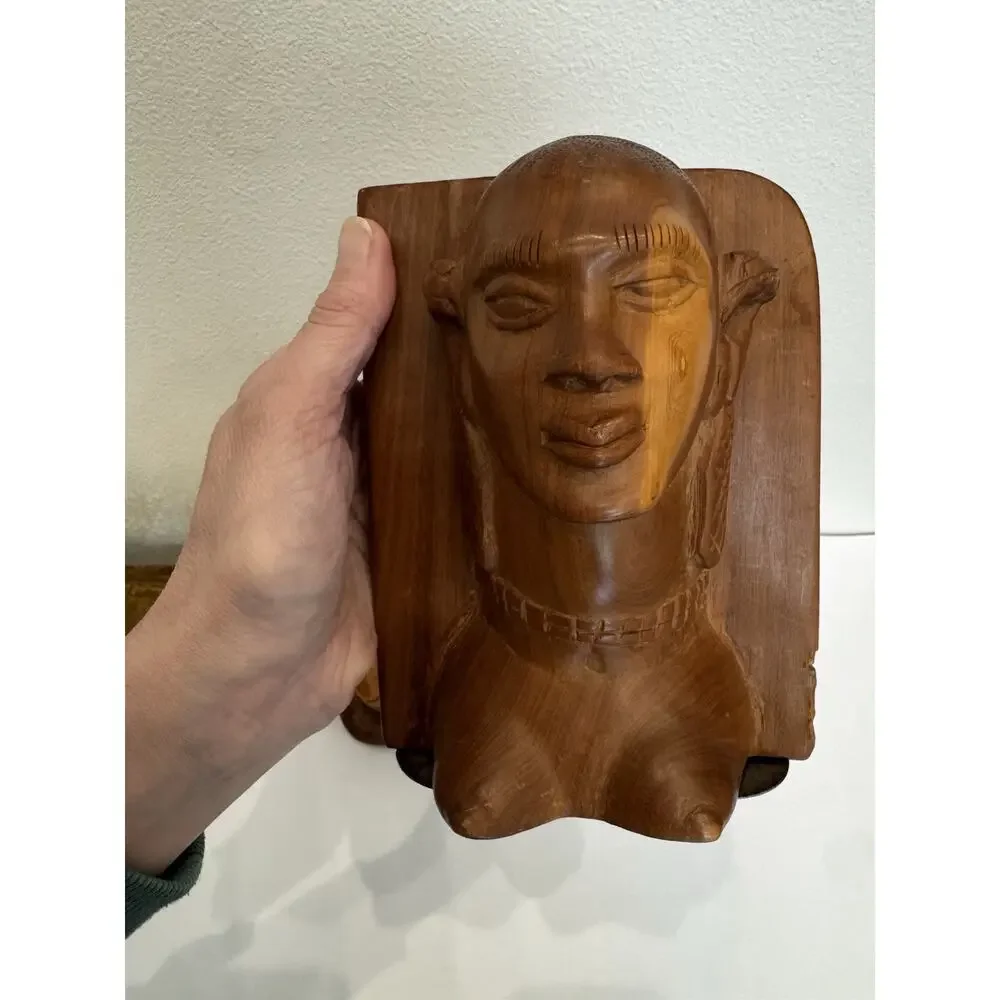 Vintage Hand Carved Wood Figural Bookends Tribal Busts Heavy Solid Vintage Decor
